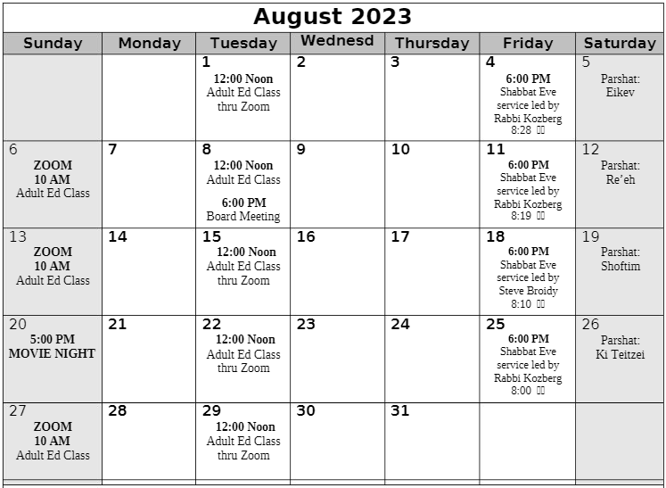 Temple Sholom Calendar