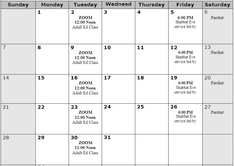 Temple Sholom Calendar